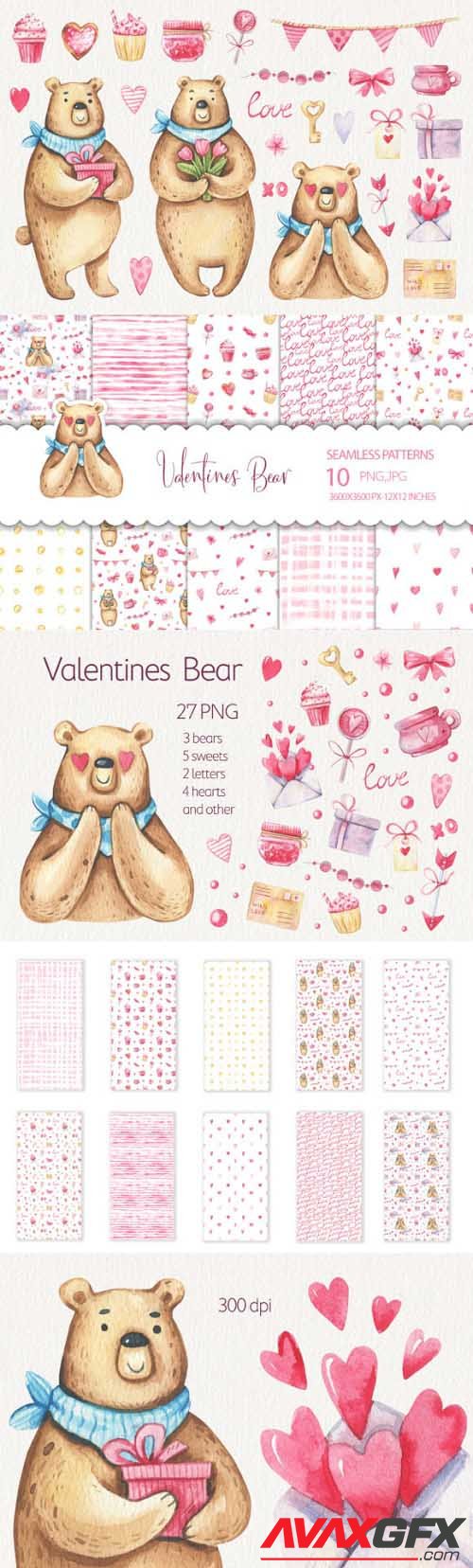 Watercolor Valentines Day Clipart and Seamless Patterns