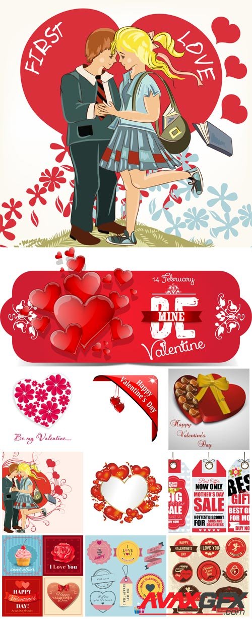 Valentines day labels and romantic illustrations