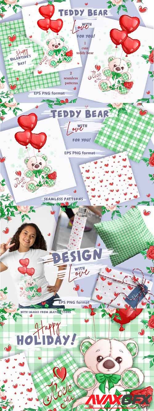 White Teddy Bear for Valentine's Day. Clipart and patterns - 1161518