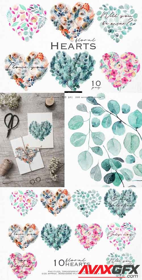 Floral hearts clipart - 1165360