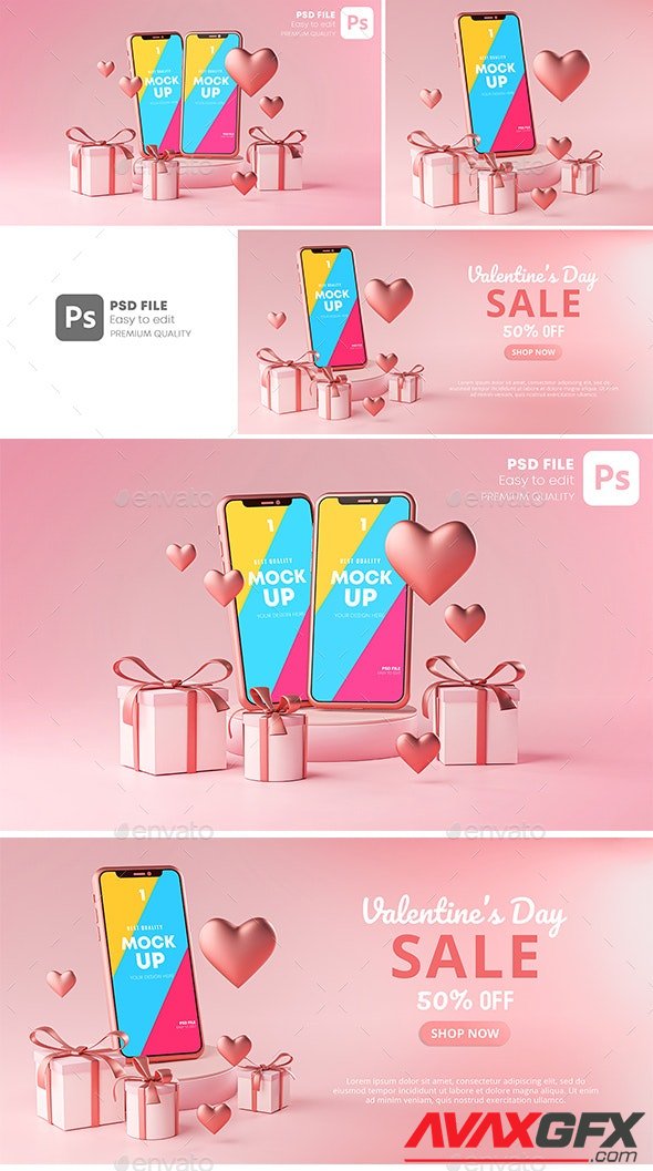 GraphicRiver - Smartphone Mockup Valentine Day Sale Love Heart Shape and Gift Box 3D Rendering - 30090503