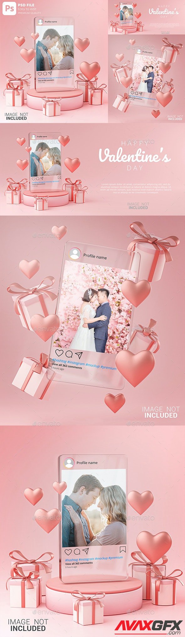 GraphicRiver - Instagram Post Mockup on Glass Template Valentine Wedding Love Heart Shape and Gift Box 3D Rendering - 30090315