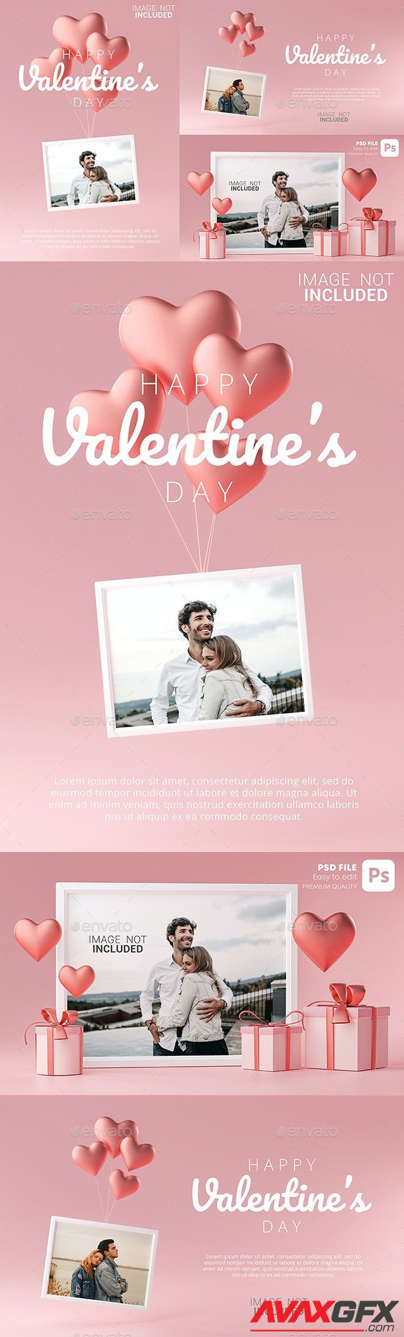GraphicRiver - Portrait Photo Frame Mockup Template Love Heart Ballon and Gift Box 3D Rendering - 30090480