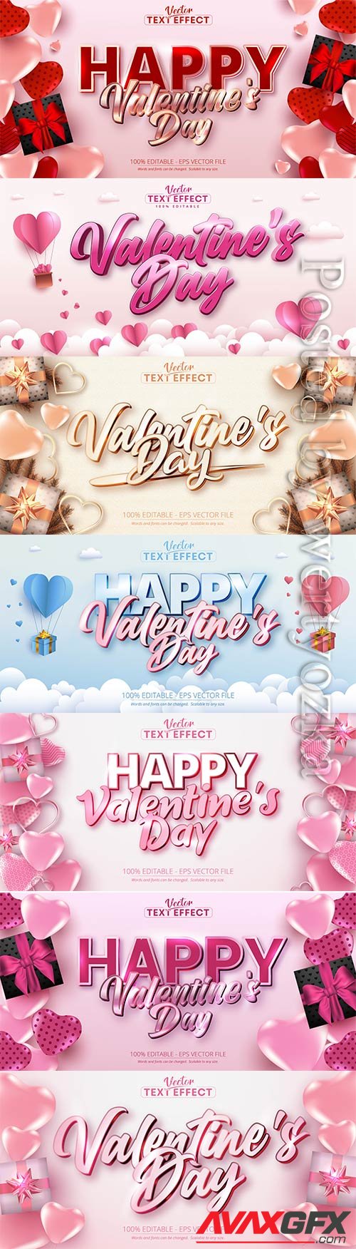 Valentine text effects style with hearts in vector