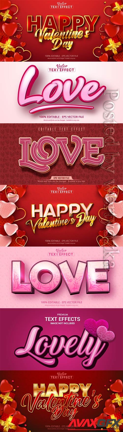 Valentine text effects style in vector with hearts