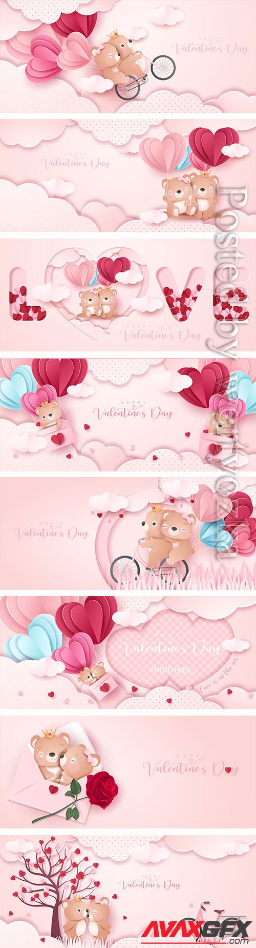 Cute doodle bear for valentines day in paper style banner