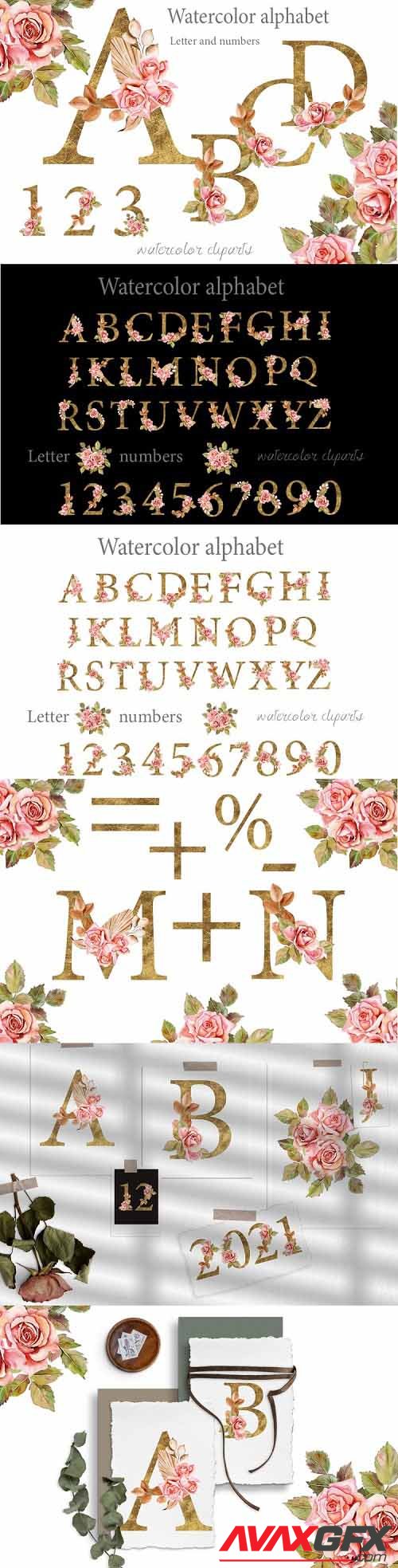 Boho roses and Gold alphabet clipart - 1178896