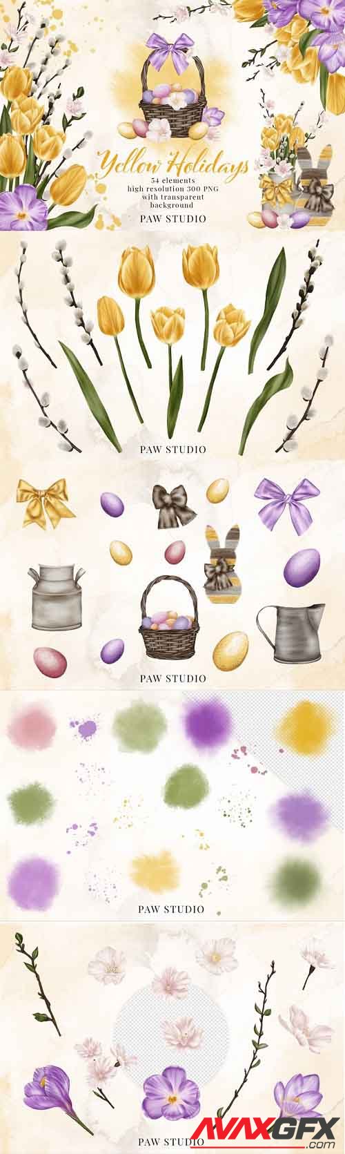 Easter Spring Clipart Yellow Tulips Willow Twigs Basket Eggs - 1187914