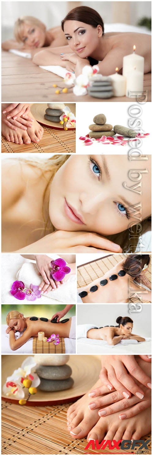 Spa stone massage, women in spa salon stock photo