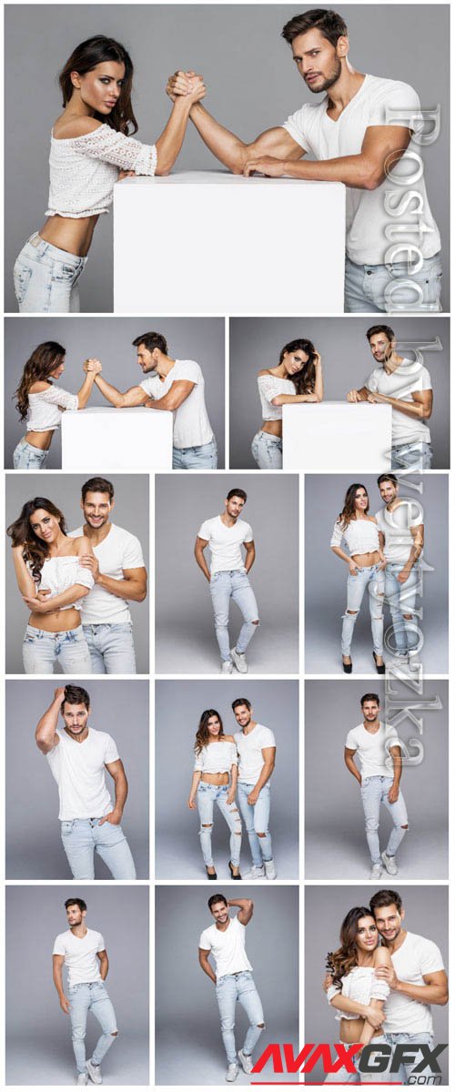 Stylish man and woman in jeans stock photo