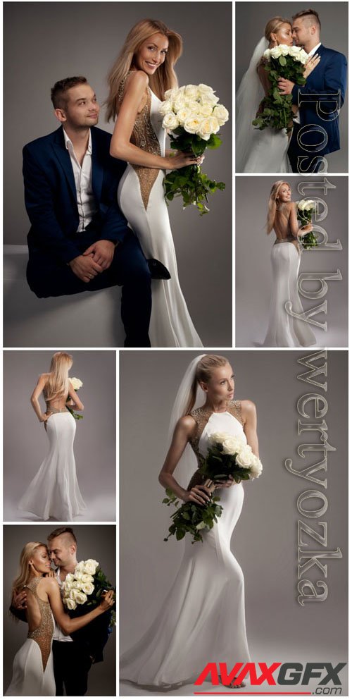 Bride and groom posing in studio stock photo