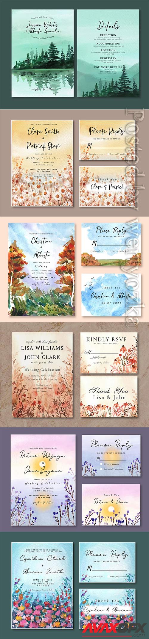 Watercolor wedding invitation vector card