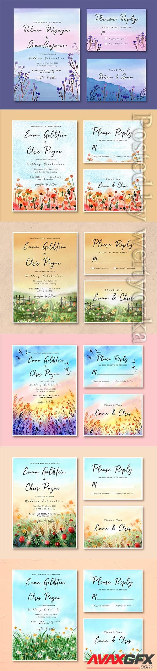 Floral watercolor vector wedding invitation