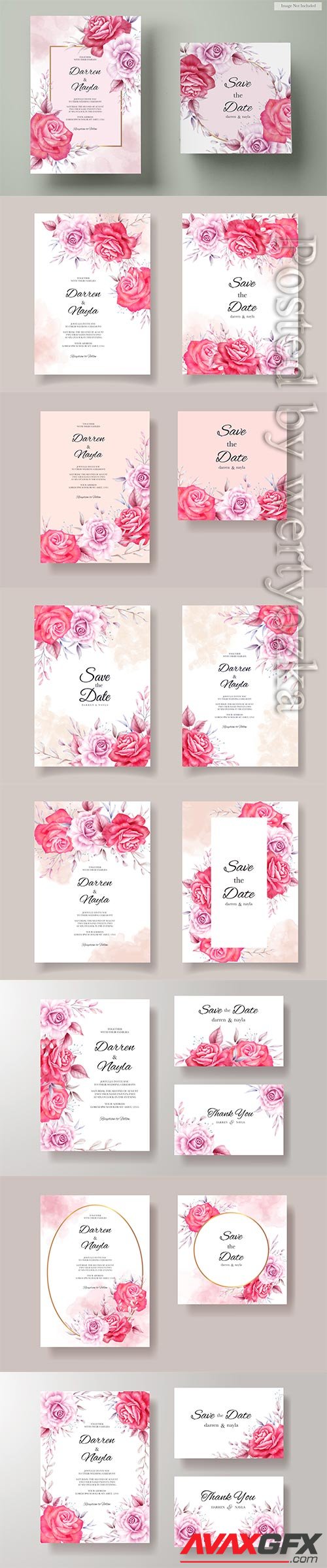 Beautiful wedding invitation with red and purple roses