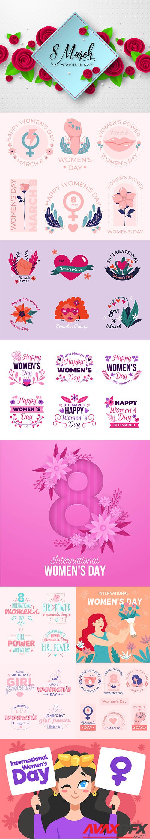Hand-drawn international womens day illustration and badge collection