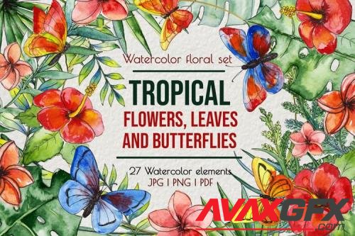 Tropical exotic leaves & flowers, butterflies clip art - 1014498