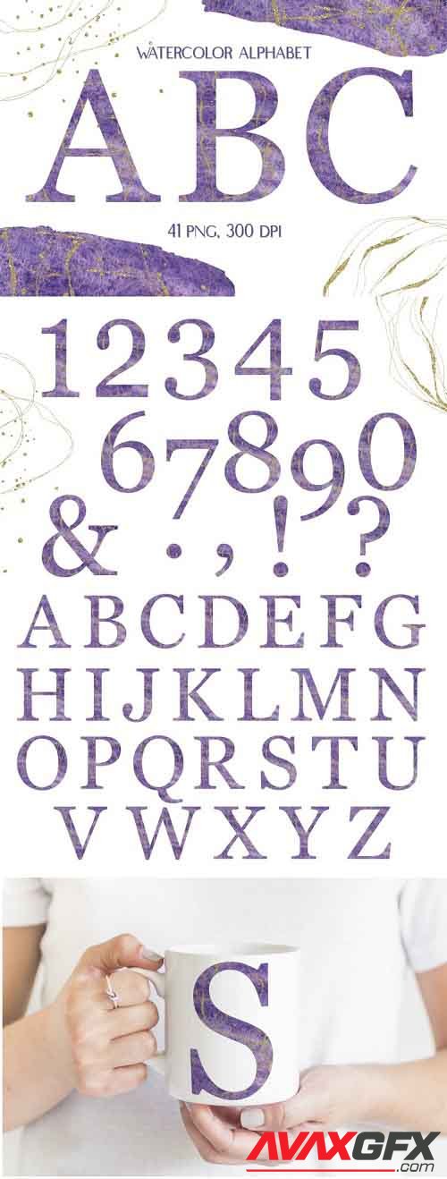 Watercolor Purple Alphabet with Gold Glitter Clipart - 1221880