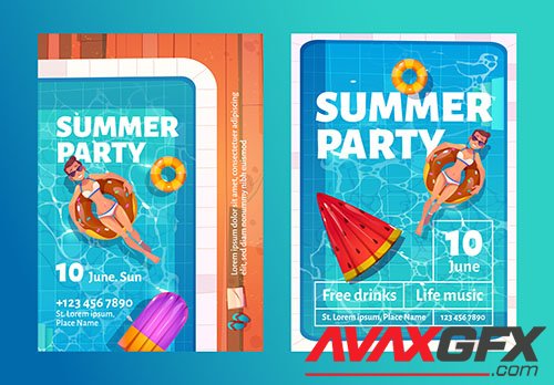 Summer party cartoon flyers with woman swimming pool inflatable ring