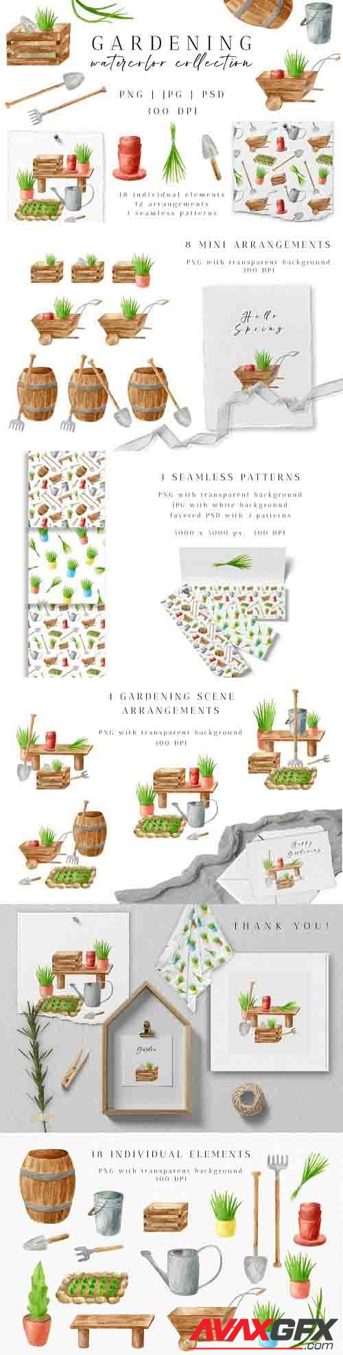 Gardening Watercolor Clipart. Spring Garden Tools PNG Set - 1233725
