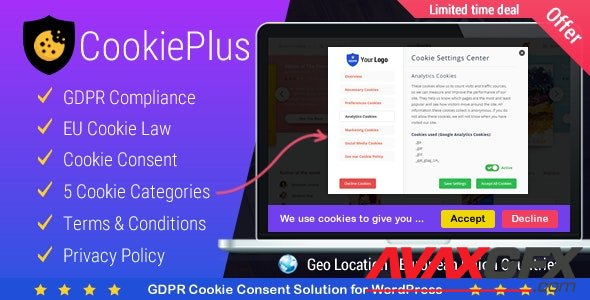 CodeCanyon - Cookie Plus GDPR v1.5.6 - Cookies Consent Solution for WordPress. Master Popups Addon - 21984547