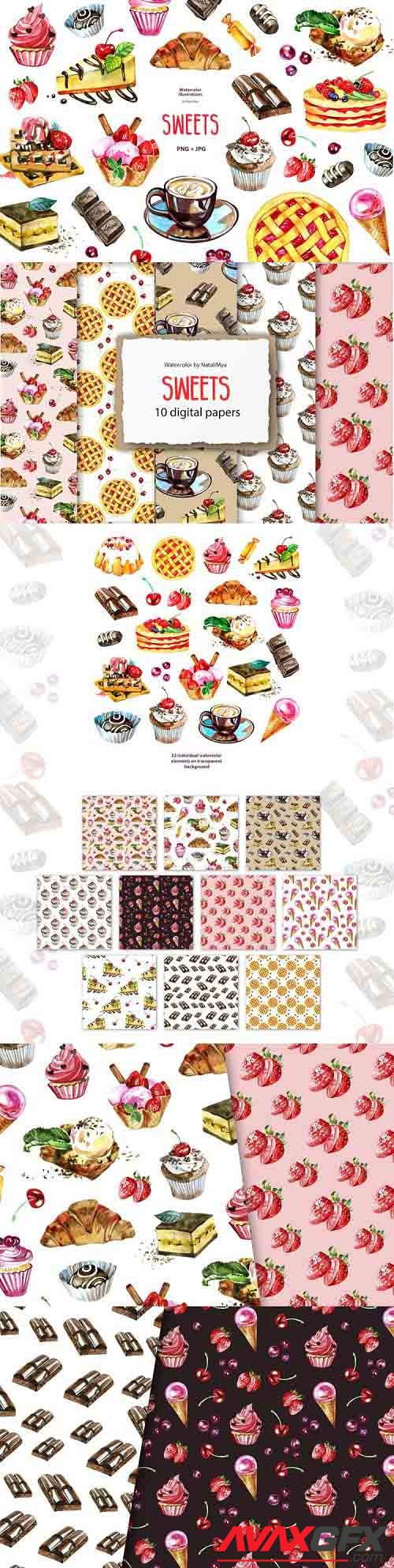 Watercolor sweets clipart and digital paper pack - 1239210 - 1240714