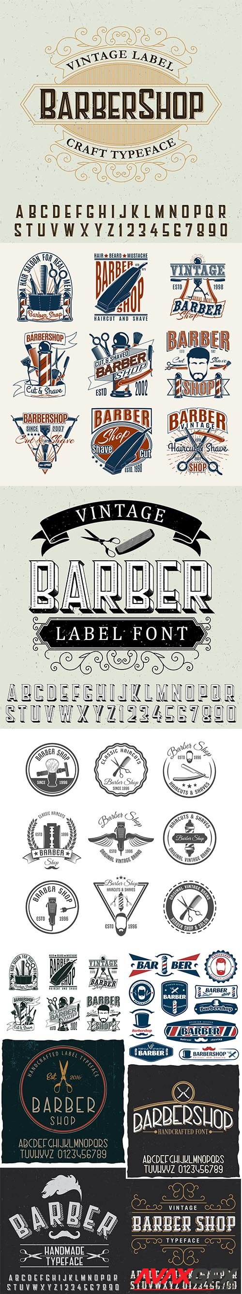 Collection of vintage barber shop logos, letters and poster