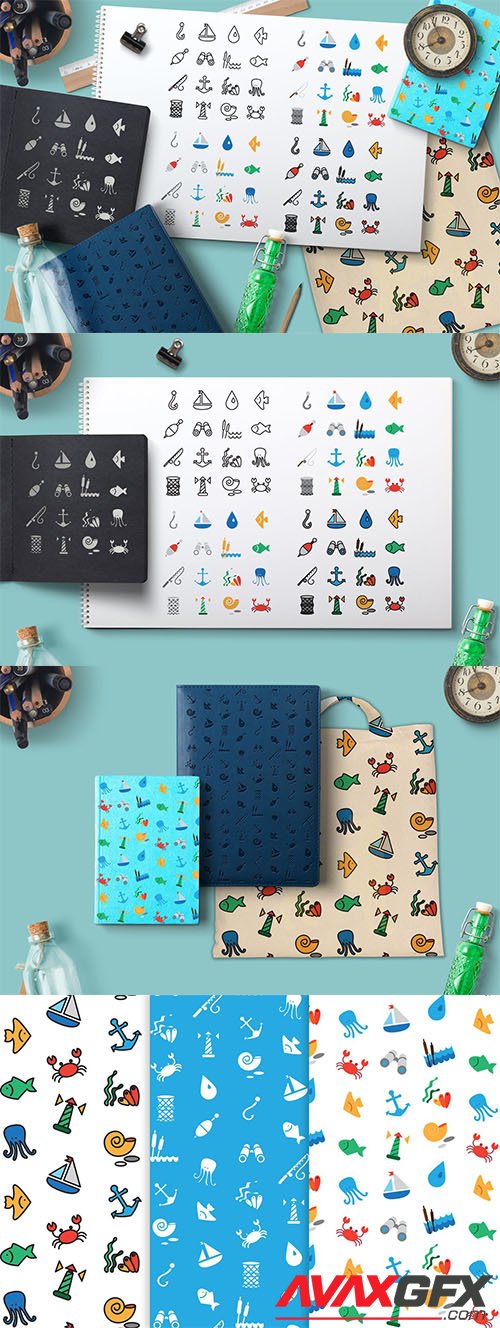 Sea Icons and Patterns Set