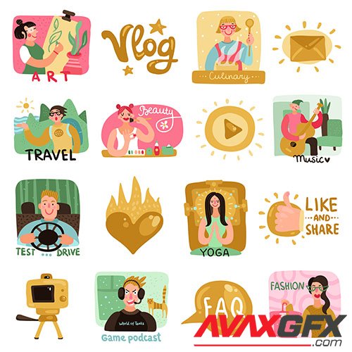 Video bloggers icons set with symbols flat
