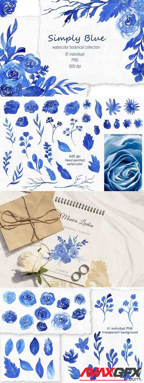 Watercolor flower clipart , Blue Floral PNG - 1261388