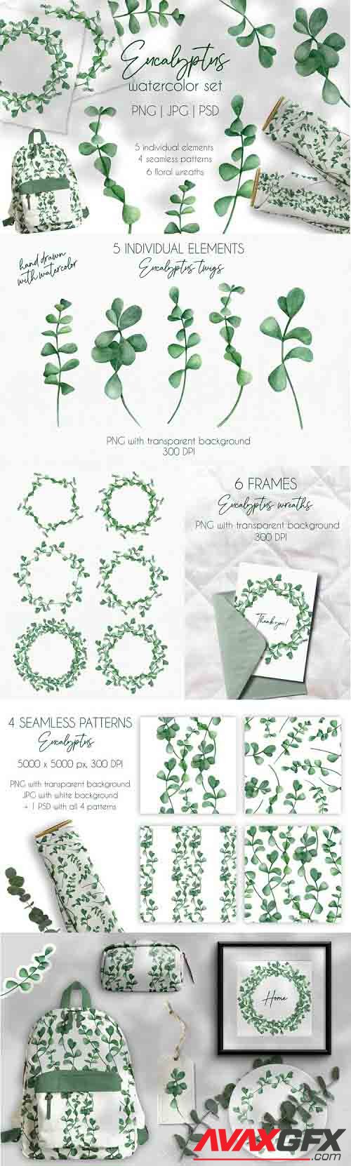 Eucalyptus Watercolor Clipart Collection. Floral Wreaths PNG - 1269033