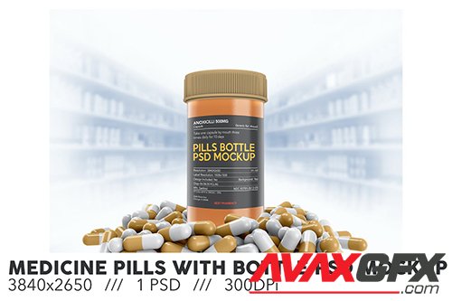 Medicine Pills With Bottle PSD Mockup