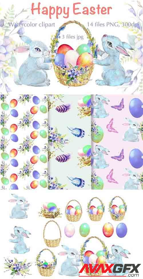 Easter watercolor clipart, easter cute bunny - 1261929