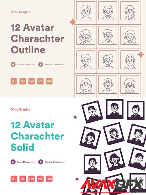 12 Avatar Icon Solid UZ and 12 avatar character outline