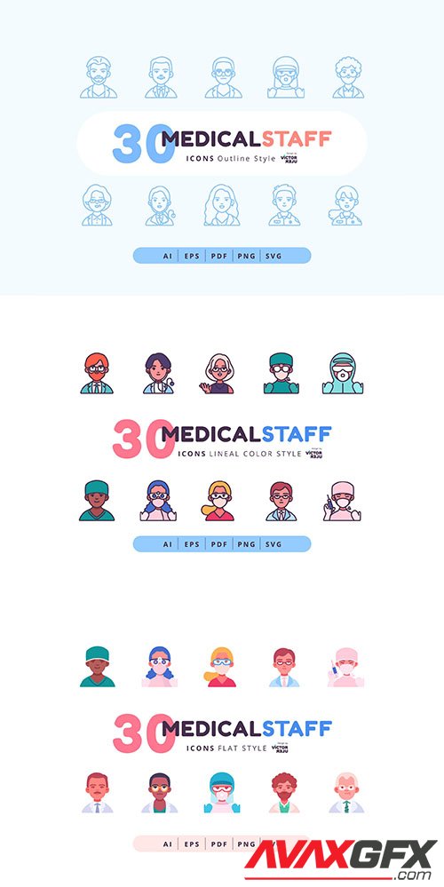 90 Icons Medical Staff in 3 Style