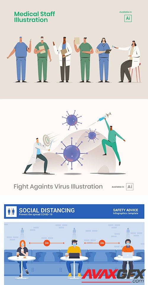 Medical staff and social distancing Vector illustrations set