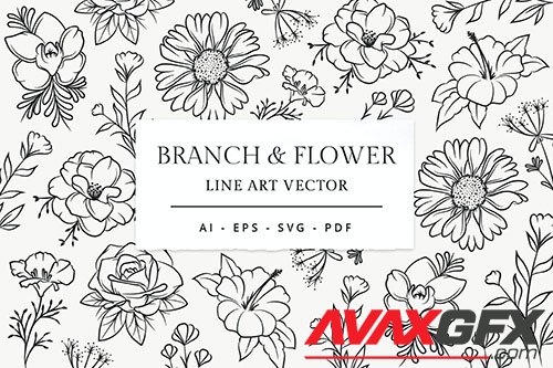 Branch & Flower Line Art Illustration