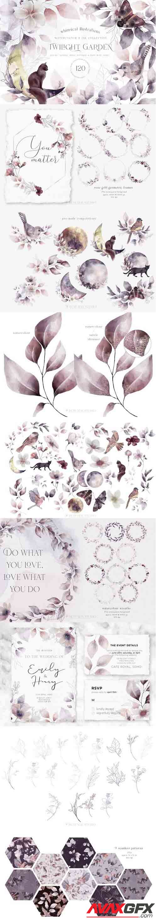Whimsical Leaves Flowers Birds Moons Watercolor Patterns - 1284729 - Twilight Garden