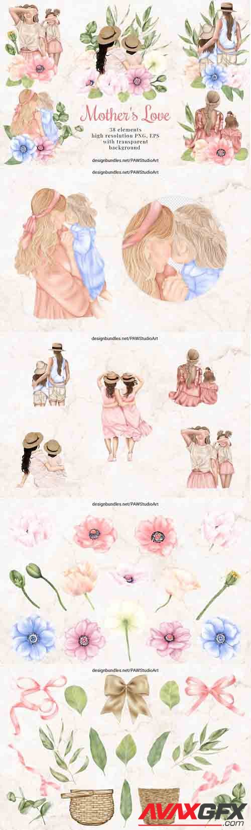 Mothers Day Clipart Mother Child Anemone Poppy Flowers Leavs - 1286934