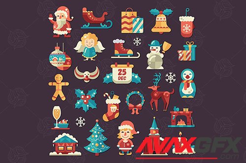 Christmas and Happy New Year Icons Set