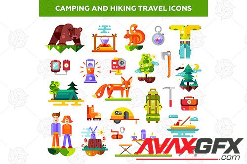 Camping and hiking travel icons