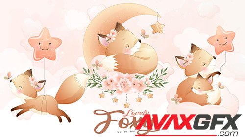 Cute little fox watercolor illustration set