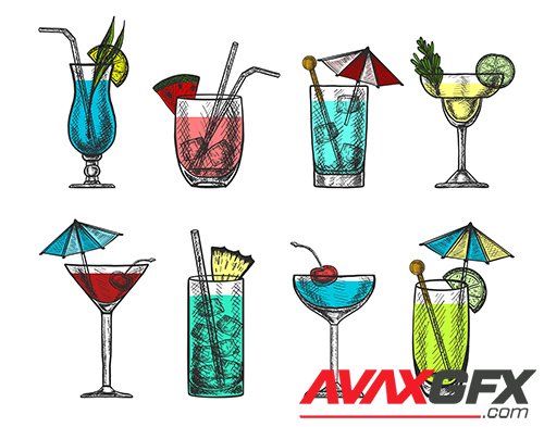 Vector hand-drawn colorful cocktail collection