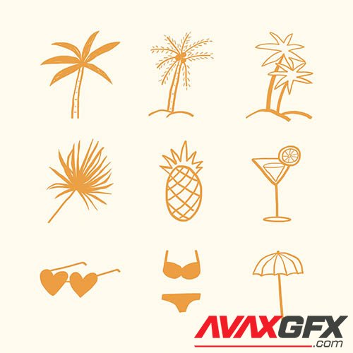 Summer palm trees vector and vacation motifs diary stickers doodle collection