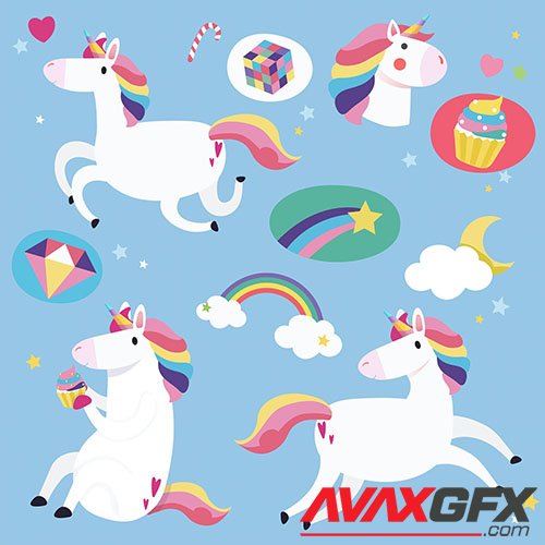 Cute unicorns with magical elements vector