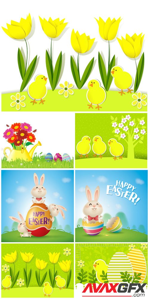 Yellow tulips and chickens, Easter illustrations in vector