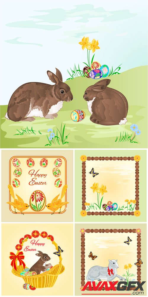 Easter bunnies, vector frames with butterflies