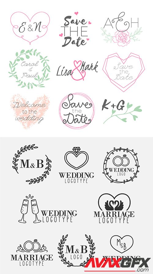 Hand-drawn wedding logo set