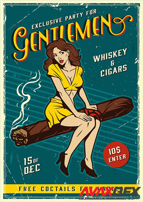 Vintage gentlemen party poster with pin up girl