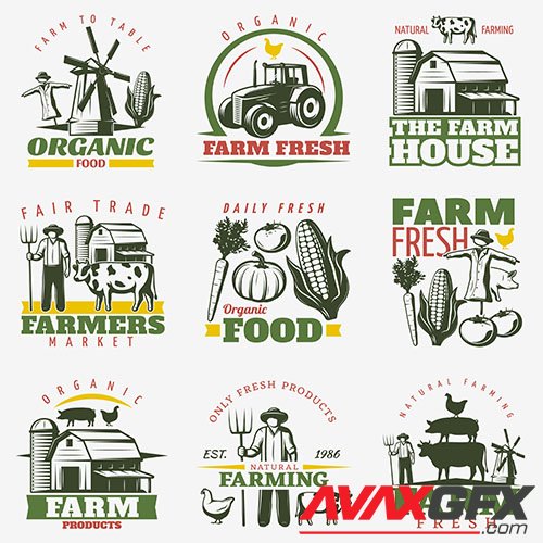 Colorful farm emblems set