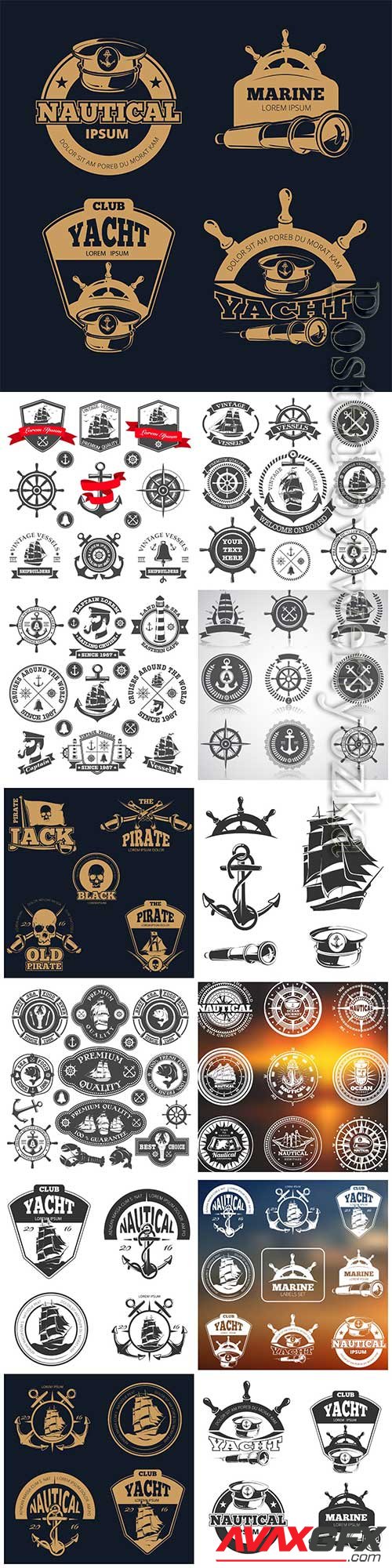 Set of nautical emblems, labels and esignaed elements